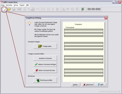 Wenige Klicks genügen um Anzahl Instrumente, Taktart, Tonart oder Länge des Stücke festzulegen. Alle Eigenschaften eines Notenblattes können im Wizard verändert werden.