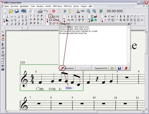 Texteingabe, Karaoke und Akkorde - Ganze Textdateien können eingelesen werden oder der Text wird im Textfenster eingegeben. Bei Karaoke, Lyric und Akkordbeschriftung wird Silbe für Silbe den entsprechenden Note zugewiesen.