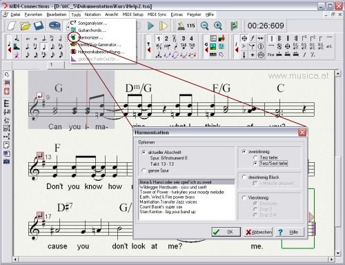 Songanalyser, Harmonisieren, Ventil- und Zuggenerator - Der Songanalyser sagt Ihnen, welche Akkorde sie verwendet haben und schreibt diese automatisch über die Noten. Der Harmonizer verwandelt Ihre Melodie z.B. in einen fix und fertigen Bläsersatz.