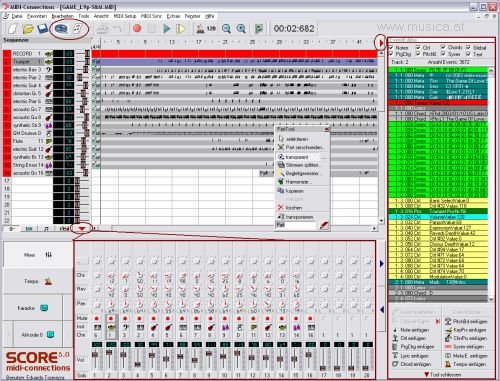 Mit einem Mausklick wechseln Sie zwischen dem Notationsteil und dem MIDI-Sequenzer. Alle Arbeiten im Sequenzer werden automatisch in den Notationsteil übernommen.