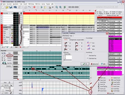 Im Keygrid wird ersichtlich wie genau mit einem MIDI-Gerät eingespielt wurde. Punktgenau ist der Start und das Ende einer Note aufgezeichnet. Überschneidende Noten können mit der Maus korrigiert werden. Im gleichen Arbeitsmodus können Noten eingefügt, verlängert, gekürzt oder gelöscht werden.