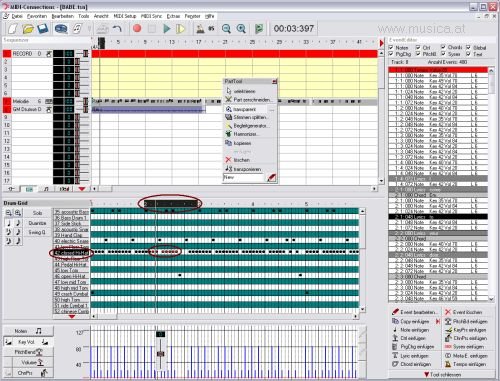 Im Drumgrid sind alle Instrumente des Drumsets aufgelistet. Durch Anklicken der Instrumentnamen wird das Finden des richtigen Klangs ein Kinderspiel. Im Grid werden dann die Hits mit der Maus eingegeben. Durch das Setzen eines Loops über einen oder mehrerer Takte kann immer mitgehört werden wie ein Abschnitt klingt. Die Auflösung des Grids kann zwischen 8-tel bis 32-tel Triolen gewählt werden.