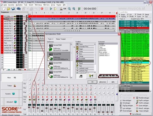 Der Sequenzer mit seinen 64 MIDI-Spuren ermöglicht ein einfaches Ändern der Instrumentierung. Die Kopfdaten jeder Spur (Track) enthalten den MIDI-Kanal und auch das gewählte Instrument. Jede Spur kann einem anderen MIDI-Out zugewiesen werden. Die integrierte Gerätebibliothek hilft Übersicht über alle Sounds Ihrer Gerätschaft zu behalten.