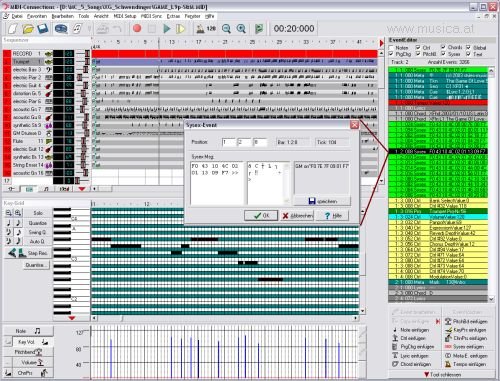 Die Eventliste zeigt alle Meldungen (MIDI-Events) die in einer MIDI-Datei sein können. Der Eventfilter hilft die Übersicht über die verschiedenen Eventtypen zu behalten. Notenevents, Textevents, Controller... Alle MIDI-Datentypen (z.B. Panorama) können in die Eventliste eingefügt, verändert und gelöscht werden. Für Sysex- und Meta-Events steht ein Hex- und Texteditor zur Verfügung. ProgrammWechsel werden einfach aus der Geräteliste ausgewählt.