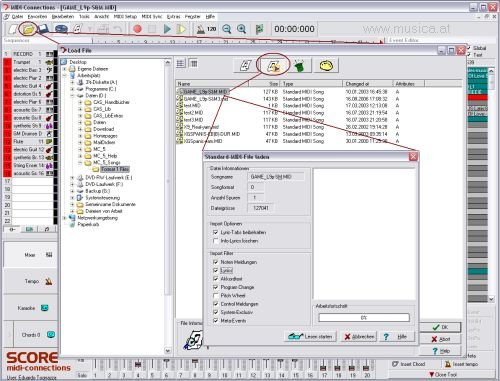 Mit MIDI-Connections Score is es möglich, alle Daten eines MIDI-Files schnell und einfach zu bearbeiten: Ausblenden einer Melodie, Verändern der Lautstärke, Kürzen eines Songs oder Transponieren von einzelnen Spuren (oder natürlich auch alle). Der Studiomixer erlaubt Ihnen auch die unkomplizierte Bearbeitung von Dynamik, Effekten und Instrumentierung. MIDI-Connections erkennt SMF und XF Texte und Akkorde. Beim speichern des Songs können sie wieder in SMF oder XF Daten umgewandelt werden.