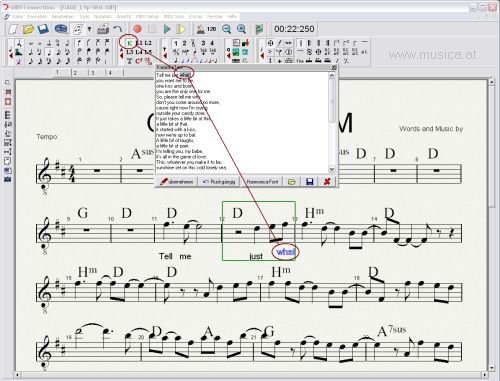 Soll ein MIDI-File mit Text und / oder  Akkorden ergänzt werden bietet MIDI-Connections Socre schnelle Bearbeitungswerkzeuge. Der Songtext wird in ein Textfenster Sil-ben getrennt eingegeben. Liegt der Text bereits als *.txt-Datei vor, kann er in das Textfenster geladen werden. Nun wird jede Silbe der gewünschten Note zugeordnet. Bei Akkorden kann die Analysefunktion zu Hilfe genommen werden. Der Songanalyser setzt neben den Akkorden gleich auch die Tonart.