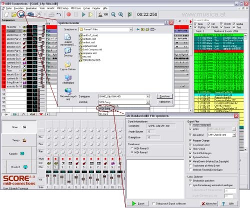 MIDI-Datei speichern - beim Speichern in das Standard-MIDI-Format (*.mid) stehen verschiedene Einstellungen zur Verfügung. So können Akkorde im XF Modus gespeichert, die Lyric-Spur kann automatisch mit Zeilenumbruch versehen oder unerwünschte Meldungen nicht mitgespeichert werden.
