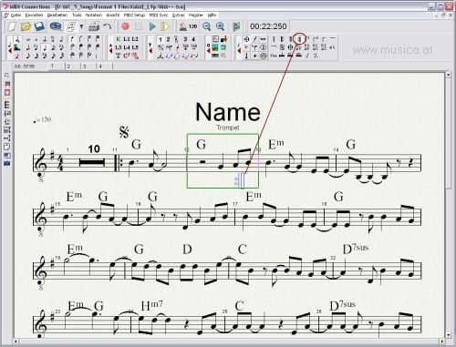 Symbole in der Notationansicht eingeben - Arrangesymbole Dynamiksymbole Grafiken freie Text Symbole Gitarrenakkkordde und Pianosymbole Weitere Eingabefunktionen sind Lyrics, frei positionierbarer Text, Artikulationszeichen, Fingersätze, Wiederholungszeichen, Bindebögen, Linien, Akkordeonregister, Dynamikzeichen, formatierbare Textblöcke uvm. für den professionellen Touch: Import und beliebige Positionierung von Grafiken (jpg, bmp, ico, emf, wmf)