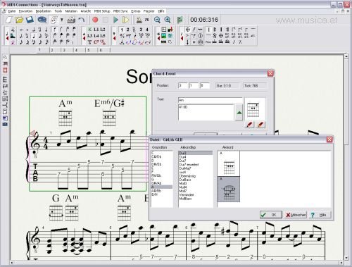 Eine Gitarrengriff-Datenbank mit über 550 Akkorden kennt für jeden Akkord das passende Symbol. Die Zuordnung der Symbole kann automatisch oder manuell erfolgen. Auch an die Freunde der Tabulatur-Schrift wurde gedacht: aus der Notation kann automatisch eine 1- 8 saitige Tabulatur erstellt werden. Dabei ist jede erdenkliche Stimmung der Saiten möglich. 
