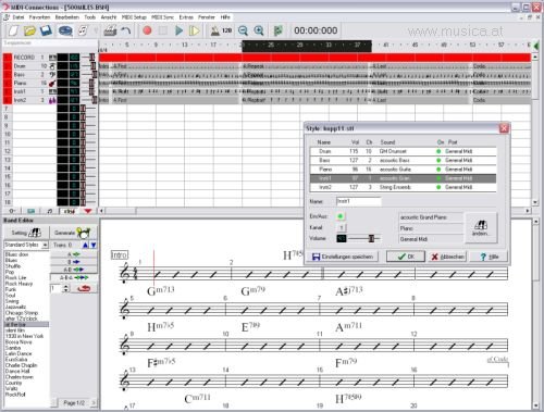Der Begleitautomat von MIDI-Connections-Score hat schon Tradition! Als Trainingspartner und Arrangierhilfe steht eine "fünfköpfige Band" zur Verfügung. Wählen Sie aus einer Fülle von Musikstilen wie Swing, Hiphop, Pop, Hardrock, usw. Ob Sie Trompeter, Gitarrist oder Pianist sind - so macht üben Spaß! Die automatisch Erstellte Begleitung kann anschliessend im Sequenzer oder Notationsteil weiter bearbeitet werden.
