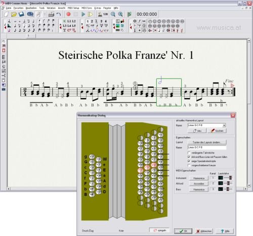 Harmonika-Griffschrift - das Einfügen, Selektieren und Verschieben von Noten funktioniert auch in der Harmonika-Griffschrift wie wenn im Violinschlüssel gearbeitet wird. Beim Bearbeiten erklingt aber bereits der richtige Ton - Druck- ud Zug werden bei der Wiedergabe berücksichtigt!