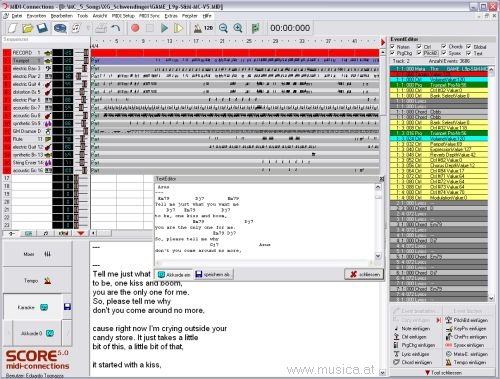 Midi-Connections-Score bietet extrem umfangreiche Möglichkeiten das Vorgehen kann verschieden gewählt werden viele Tools wie Generatoren, automatische Akkorderkennung, Harmoniser Verschiedene Verarbeitungsfenster um je nach Aufgabe einfachste Möglichkeit zu nehmen Und noch viel mehr... Die Favoritenverwaltung, Guitarpick-Generator, programmierbare Shortcuts, den großen und übersichtlichen Ladedialog oder die Fade-in/out-Funktion haben wir noch nicht einmal erwähnt. MC Score enthält eine Fülle von Werkzeugen, die das Bearbeiten von Noten und MIDI-Files erleichtern.